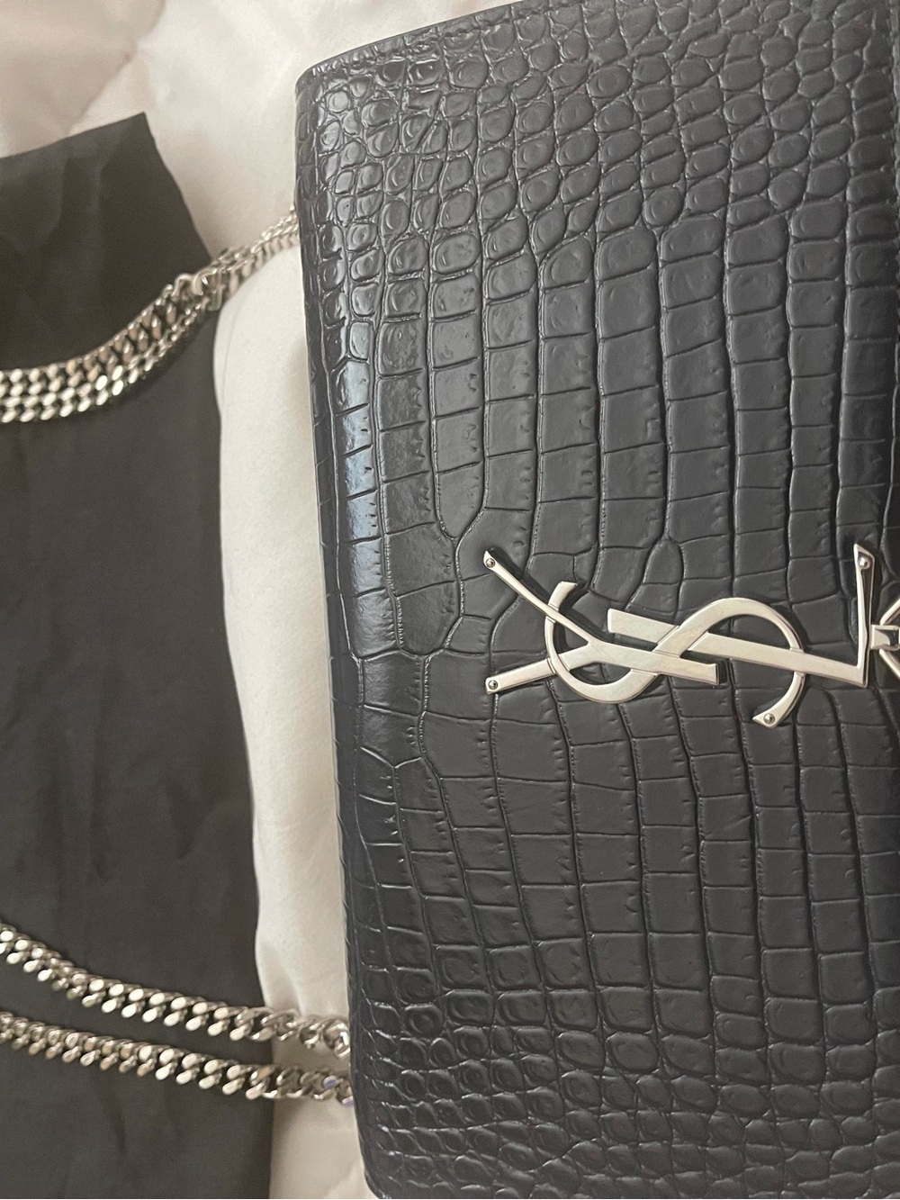 Yves Saint Laurent Black Croc-Embossed Chain Shoulder Bag with Silver Logo